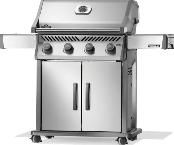 Napoleon Rogue 525 Gas Grill in stainless steel, featuring four high-performance burners, dual-level sear plates, and WAVE porcelainized cast iron cooking grids for precise temperature control and enhanced flavor.