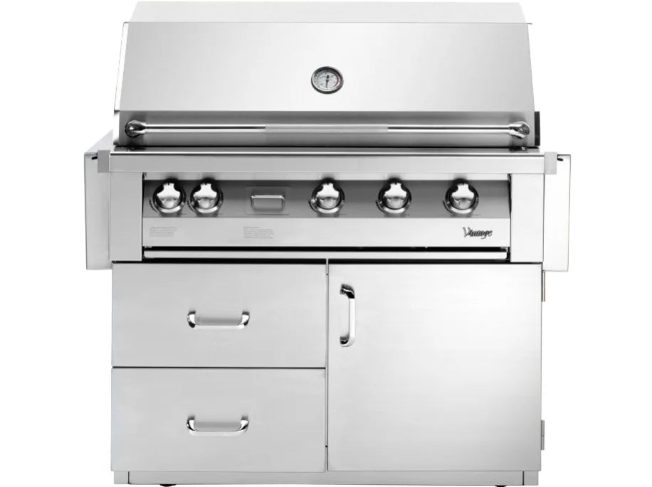 Vintage Grills 42-Inch Freestanding Gas Grill on Deluxe Cart, featuring heliarc-welded stainless steel construction, three powerful burners, and integrated rotisserie and smoker system for versatile outdoor cooking.