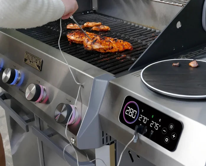 Monument Grills Eminence Series E405 gas grill features smart LED control system, premium finish, ClearView lid design, enhanced heating system, four 12,000 BTU main burners, porcelain-coated cast iron grates, and battery-powered ignition for effortless outdoor cooking.