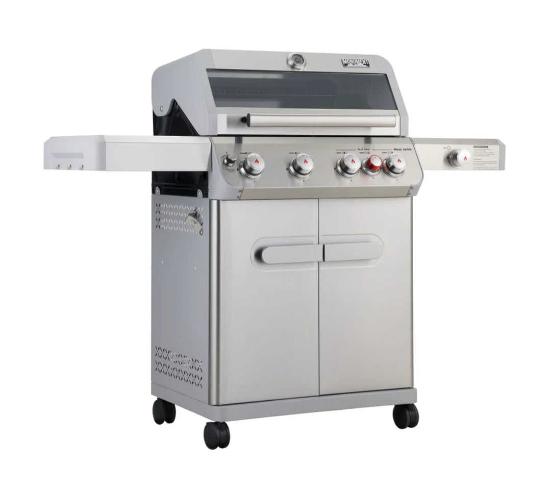 Monument Grills Mesa Series M415BZ Gas Grill: High-performance stainless steel propane grill with 4 burners, ClearView lid, infrared burner, side burner, and large cooking area for precision grilling.