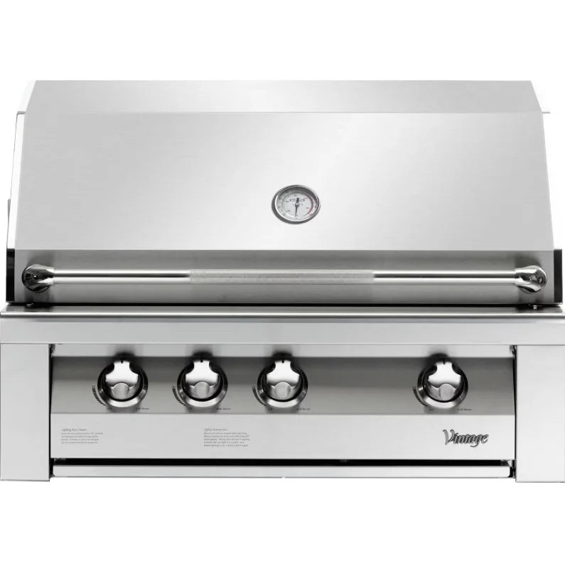 Vintage 36-Inch Built-In Gas Grill in polished stainless steel, featuring three high-heat burners and infrared rotisserie burner for versatile outdoor cooking.