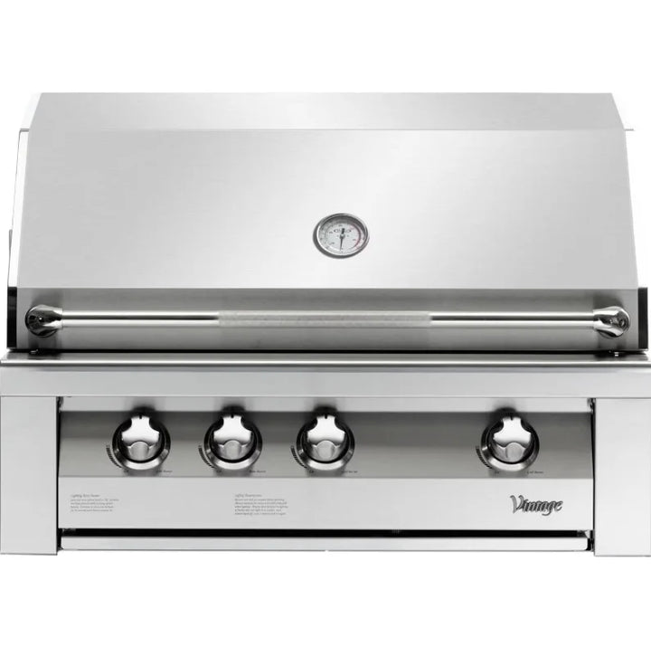 Vintage 36-Inch Built-In Gas Grill in polished stainless steel, featuring three high-heat burners and infrared rotisserie burner for versatile outdoor cooking.