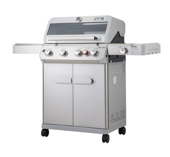 Monument Grills Mesa Series M415BZ Gas Grill - A high-performance stainless steel propane gas grill featuring 4 burners, ClearView lid, infrared burner, and side burner for even heating and professional versatility.