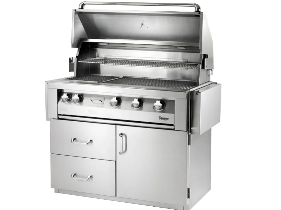 Vintage 42-Inch Freestanding Gas Grill on Deluxe Cart featuring heliarc-welded stainless steel construction, three powerful burners, smoker system, rotisserie, and generous storage space.