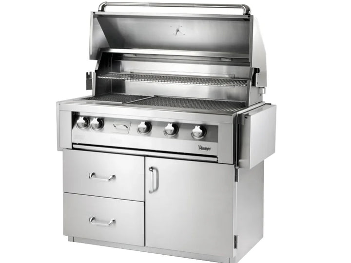 Vintage 42-Inch Freestanding Gas Grill on Deluxe Cart featuring heliarc-welded stainless steel construction, three powerful burners, smoker system, rotisserie, and generous storage space.