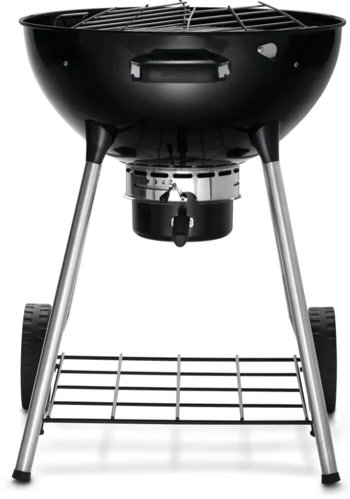 Napoleon Premium 22 Charcoal Kettle Grill features a compact, versatile design delivering authentic charcoal grilling experience with Vortex heat management system for exceptional searing and even cooking, adjustable stainless steel air vents, and porcelain-enameled lid and bowl for superior heat retention and durability.