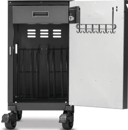 Napoleon Phantom Prestige Under Grill Storage Carts (Two Carts), premium matte black finish, stainless steel construction, hidden top drawer, integrated storage divider, tool hooks and locking caster wheels.