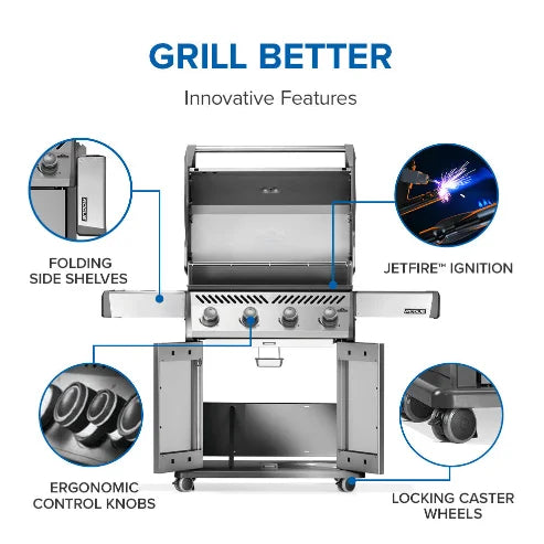 Napoleon Rogue 525 Gas Grill in stainless steel, featuring four high-performance burners, porcelainized cast iron WAVE cooking grids, and dual-level sear plates for precise temperature control and enhanced flavor.