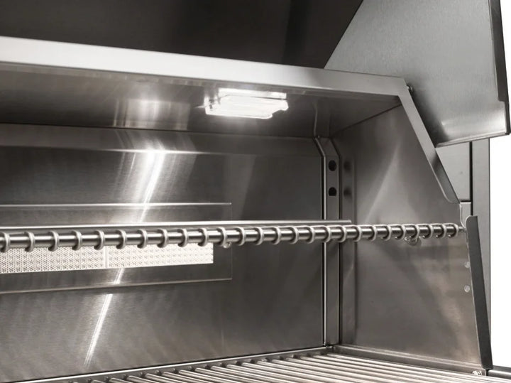Vintage Grills 36" Freestanding Gas Grill, stainless steel construction, integrated smoker system, infrared rotisserie cooking, three 27,500 BTU burners, ceramic briquettes for even heating.