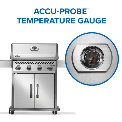 Napoleon Rogue 525 Gas Grill features stainless steel finish, four high-performance burners, porcelainized cast iron WAVE cooking grids, and dual-level sear plates for precise temperature control and enhanced flavor.
