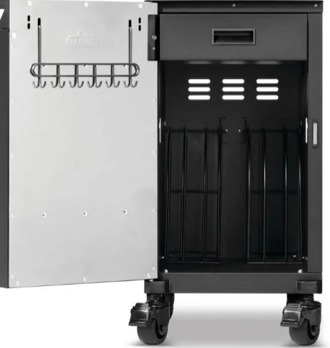 Napoleon Phantom Prestige Under Grill Storage Carts (Two) - Matte Black Free-Floating Cabinets with Hidden Drawer, Tool Hooks, and Smooth-Rolling Wheels.