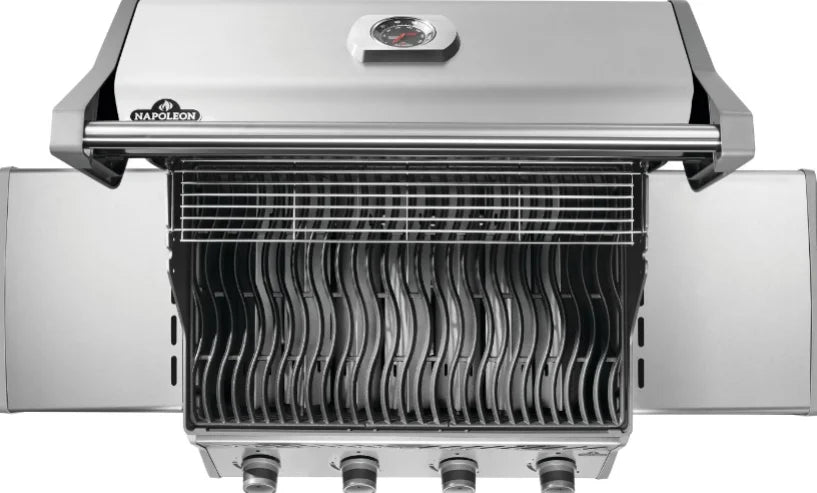 Napoleon Rogue 525 Gas Grill in stainless steel, featuring four high-performance burners, WAVE porcelainized cast iron cooking grids, and space-saving folding side shelves.