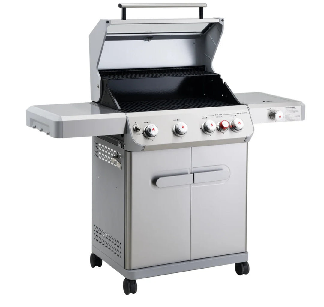 Monument Grills Mesa Series M415BZ Gas Grill - A high-performance stainless steel propane grill featuring 4 burners, ClearView lid, infrared burner, side burner, and 62,000 BTUs of even heat.