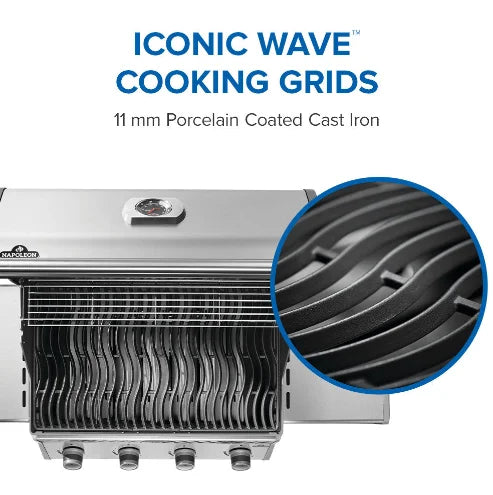 Napoleon Rogue 525 Gas Grill in stainless steel features four high-performance burners, dual-level sear plates, and WAVE cooking grids for precise temperature control and enhanced flavor.