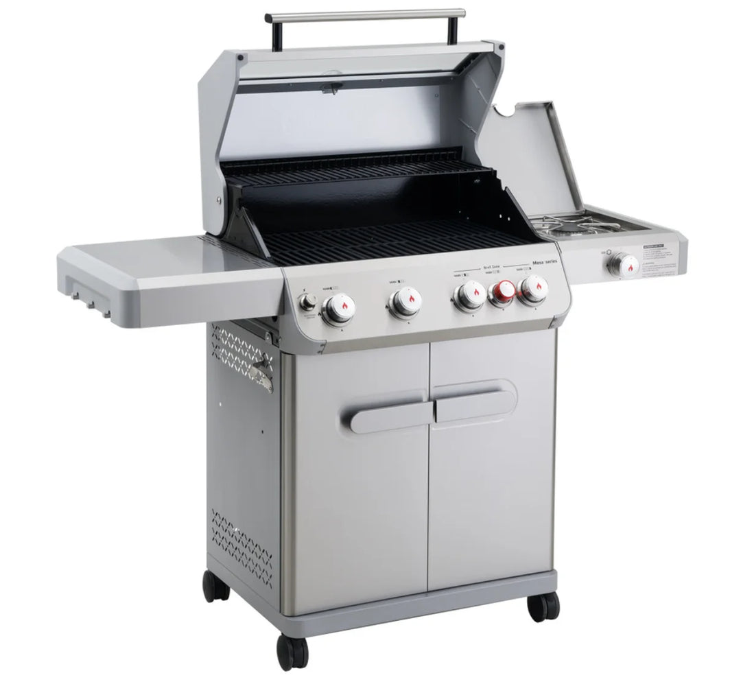 Monument Grills Mesa Series M415BZ Gas Grill featuring stainless steel construction, 4 high-performance burners, infrared burner inside firebox, clear view lid, and side burner for professional grilling results.