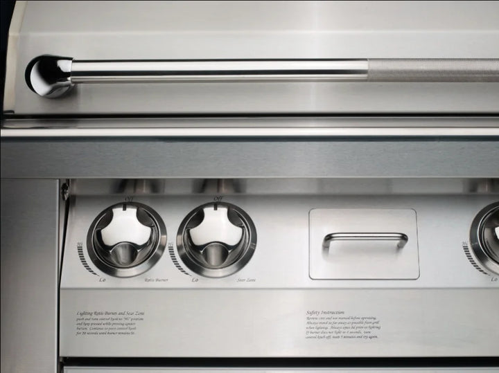 Vintage Grills 42-inch Freestanding Gas Grill on Deluxe Cart features heliarc-welded stainless steel construction, three powerful 27,500 BTU burners, and an integrated rotisserie system with infrared burner for searing steaks and slow-smoking ribs.