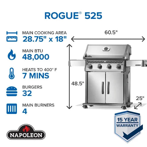 Napoleon Rogue® 525 Gas Grill features four high-performance stainless steel burners, delivering precise temperature control and 48,000 BTU output for versatile cooking, while its sleek stainless steel finish provides weather-resistant durability.