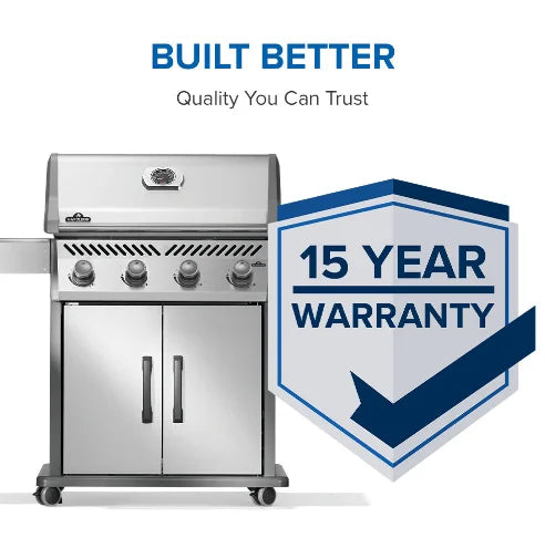 Napoleon Rogue 525 Gas Grill in stainless steel, featuring four high-performance burners, dual-level sear plates, and signature WAVE cooking grids for professional-grade grilling performance.