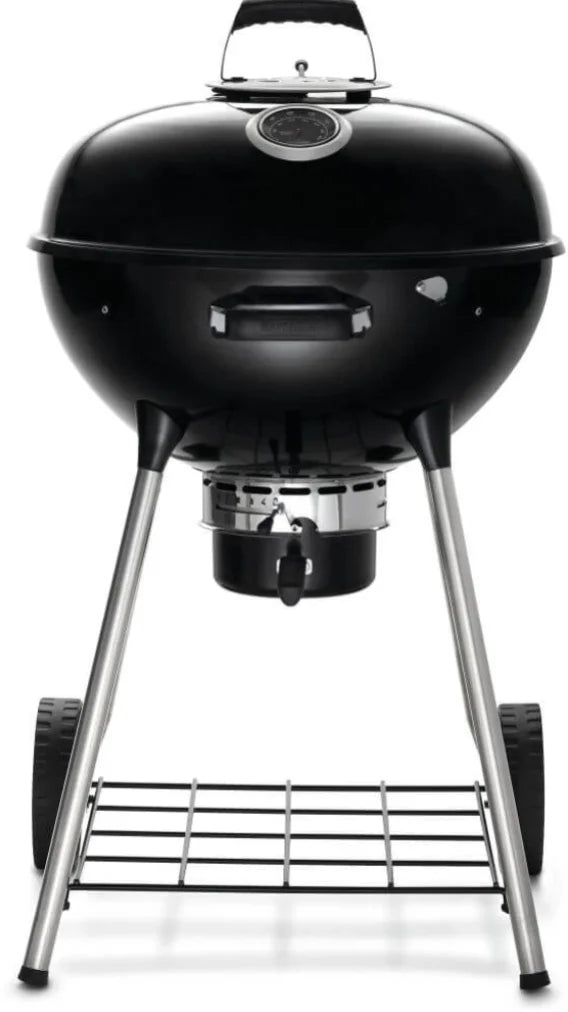 Napoleon Premium 22 Charcoal Kettle Grill featuring a chrome-plated cooking grid, Vortex heat management system, adjustable air vents, porcelain-enameled lid and bowl, hinged cooking grids, integrated temperature gauge, sturdy four-legged design, weather-proof wheels, and removable ash catcher.