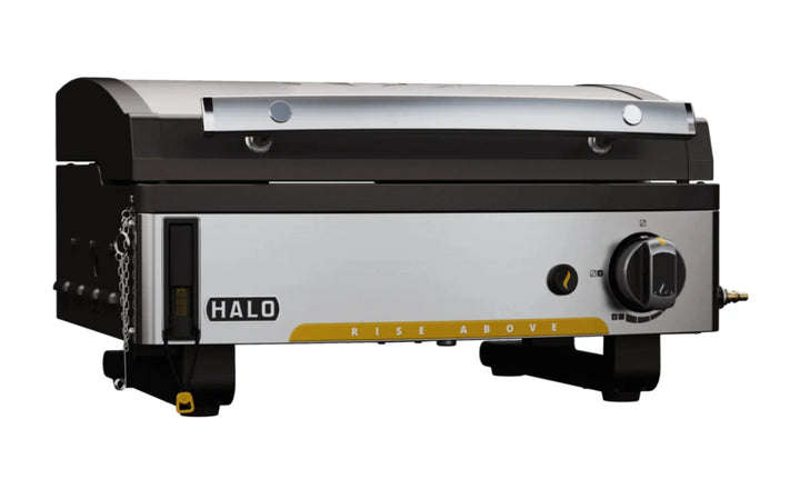 Halo Elite1B Countertop Griddle (2 Zones) with dual-zone burner system, compact 284 sq. in. cooking surface, quick 10-minute warm-up, and wind-proof design for outdoor use.