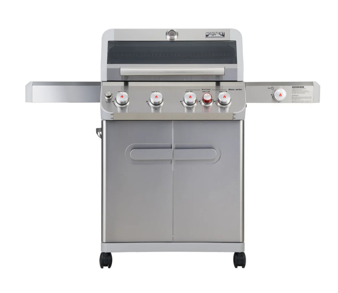 Monument Grills "M415BZ" Gas Grill - Mesa Series: A high-performance stainless steel propane grill with 4 burners, ClearView lid, and infrared burner for precise grilling and searing capabilities in outdoor kitchen settings.