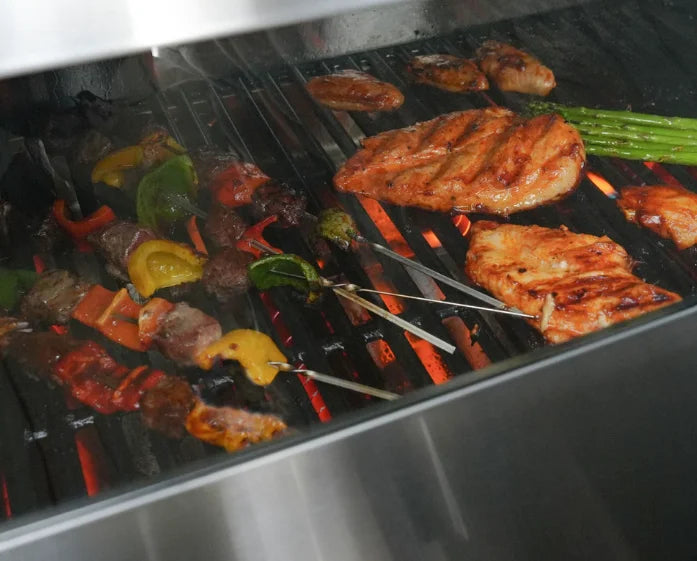 Monument Grills Eminence Series E405 Gas Grill featuring smart LED control system, premium finish, ClearView lid, enhanced heating system, powerful burners, and porcelain-coated cast iron grates.