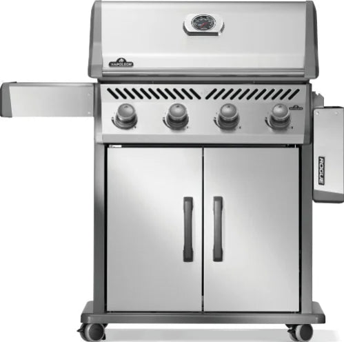 Napoleon Rogue 525 Gas Grill in stainless steel, featuring four high-performance burners, dual-level sear plates, and signature WAVE cooking grids for professional-grade grilling performance.