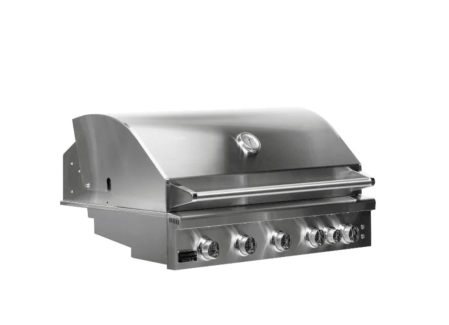 Broilmaster B-Series 40" Fully Loaded Built-In Gas Grill: Durable 304 stainless steel construction, five cast stainless steel burners delivering 70,000 BTUs, and a powerful rear infrared rotisserie burner for slow roasting perfection.