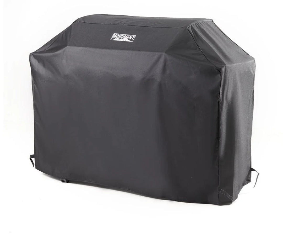 Monument Grills XLarge 62-Inch Grill Cover for D405, D425, and 77352 features durable nylon/PVC blend construction, adjustable Velcro straps, and breathable design to protect against rain, snow, sun, and debris.