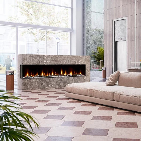 Dimplex IgniteXL Bold 100" Smart Linear Multi-Side View Built-In Electric Fireplace: Sleek modern fireplace with patented mirror effect, customizable flame colors, and advanced controls, featuring a multi-media bed with acrylic crystals and driftwood for added realism.