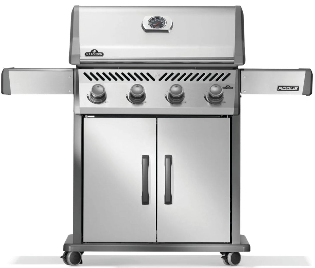 Napoleon Rogue 525 Gas Grill: Sleek stainless steel exterior and refined details combine with four high-performance burners and WAVE cooking grids for professional-grade grilling performance.