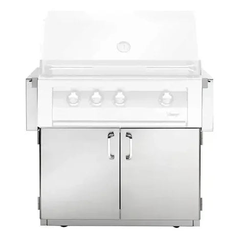 Vintage 36-Inch Freestanding Grill Cart VBQ36GC features a sturdy stainless steel frame, folding shelves, and smooth-gliding casters for portable outdoor cooking with ample storage.