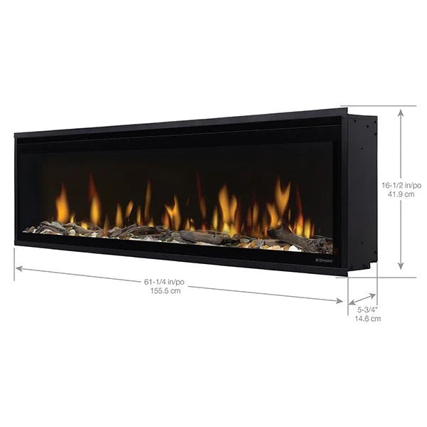 Dimplex 60" Ignite Evolve Built-in Electric Fireplace features multi-fire XD flame effect, sleek frameless design, stunning media bed, colorful accent lighting, and Comfort$aver ceramic heater for supplemental heating.