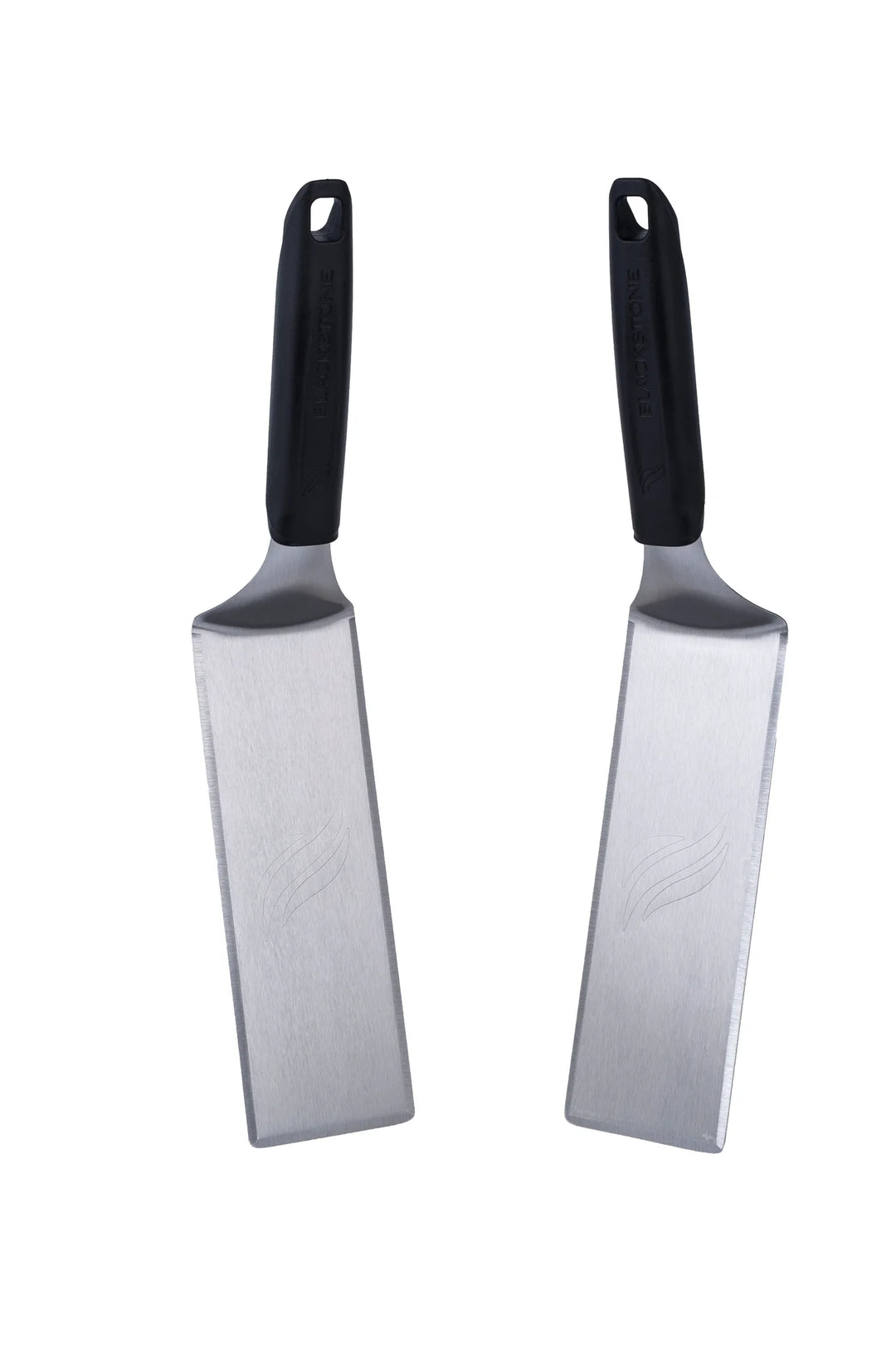 Blackstone Deluxe Spatula Set - Two heavy-duty stainless-steel spatulas with beveled edges for chopping, scraping, and flipping food with precision, featuring heat-resistant handles and hanging loops for easy storage.