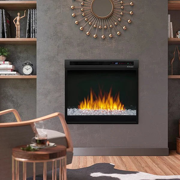 Dimplex Nova 28" Multi-Fire XHD Plug-in Electric Firebox with high-contrast flames, multi-flame technology, and customizable settings in traditional logs or Acrylic Ice Media.