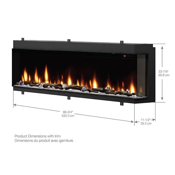 Dimplex IgniteXL Bold 88" Smart Linear Multi-Side View Built-In Electric Fireplace features flexible display options, advanced controls, and a patented mirror effect for increased depth and realism, with three flame colors and multiple installation options available.