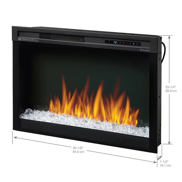 Dimplex Nova 33" Multi-Fire XHD Plug-in Electric Firebox features low-profile design, high-contrast flames, and multi-flame technology for customizable effects, including adjustable ember bed lighting options.