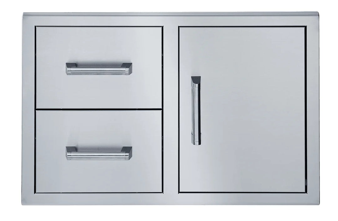 Broilmaster G Series 34-inch Door + Double Drawer Combo featuring premium 304 stainless steel construction, soft-close drawers, and a wide access door for organized storage and utility access in outdoor kitchens.