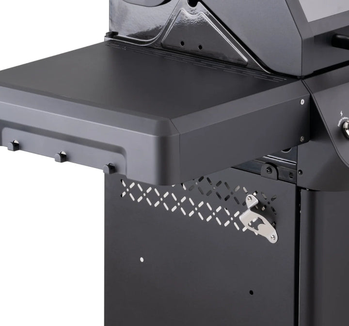 Monument Grills Mesa Series M325 Gas Grill, a compact yet powerful 3-burner propane grill featuring heavy-duty black powder-coated steel construction, porcelain-coated cast iron grates, and precision control for even heat distribution.