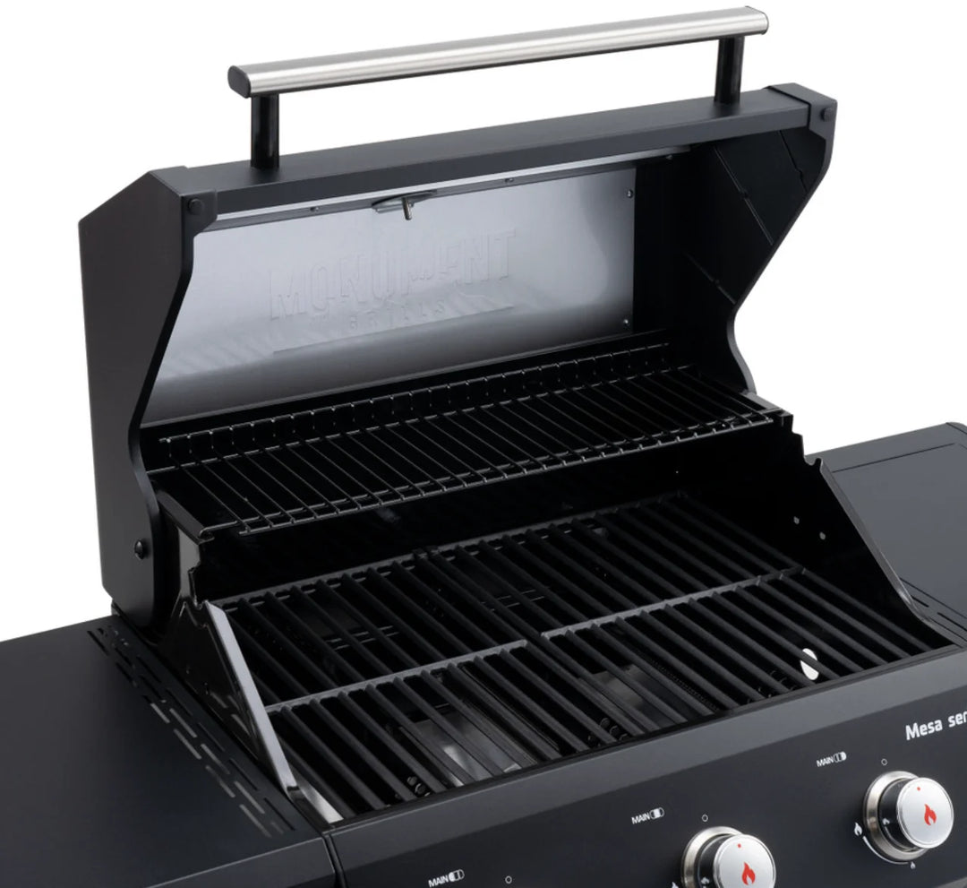Monument Grills "M325" Gas Grill - Mesa Series: A compact, powerful 3-burner propane gas grill for everyday grilling excellence, featuring precision control, durable black powder-coated steel construction, and porcelain-coated cast iron grates for even heat distribution and excellent sear marks.