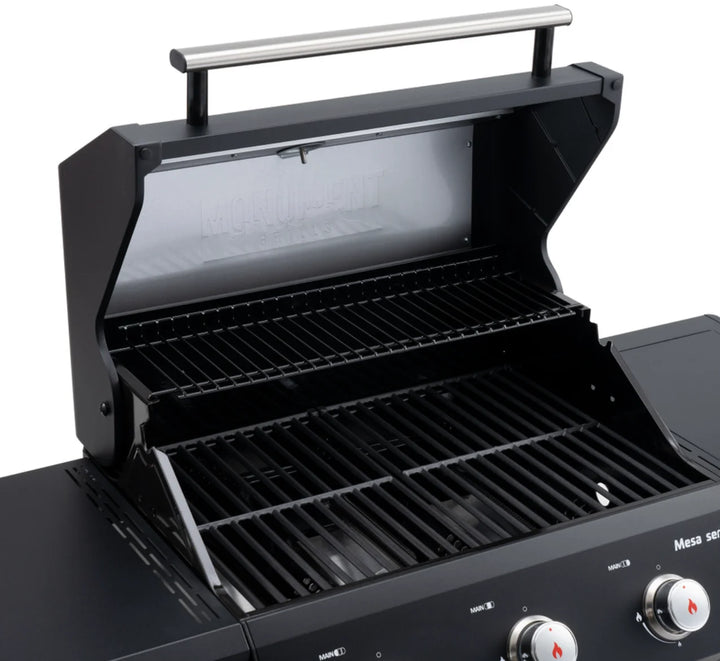 Monument Grills "M325" Gas Grill - Mesa Series: A compact, powerful 3-burner propane gas grill for everyday grilling excellence, featuring precision control, durable black powder-coated steel construction, and porcelain-coated cast iron grates for even heat distribution and excellent sear marks.