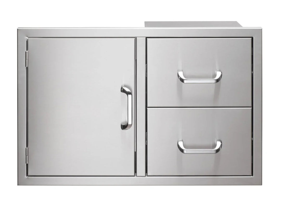Vintage Grills 32-Inch Access Door & Storage Drawer Combo, featuring heavy-duty 18-gauge 304 stainless steel construction, pinned hinges, and smooth-gliding drawers for organized outdoor kitchen storage.