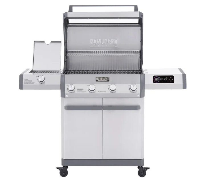 Monument Grills Eminence Series E405 Gas Grill features premium metallic finish, smart LED control system with full-color touchscreen, and four 12,000 BTU burners for precise temperature control and powerful cooking performance.