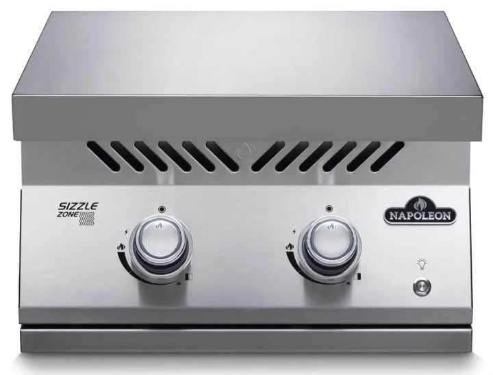 Napoleon Built-in 700 Series Infrared Dual Burner with Stainless Steel Cover: premium stainless steel construction, dual 30,000 BTU infrared burners delivering intense heat up to 1,800°F for professional-style searing and cooking.