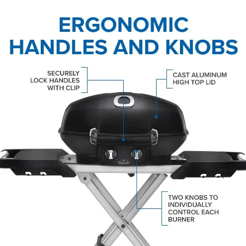 Napoleon TravelQ PRO285X Portable Propane Gas Grill with Scissor Cart features 285 sq.in. cooking space, dual stainless steel burners, and WAVE cast iron grids for even heat distribution and perfect sear marks.