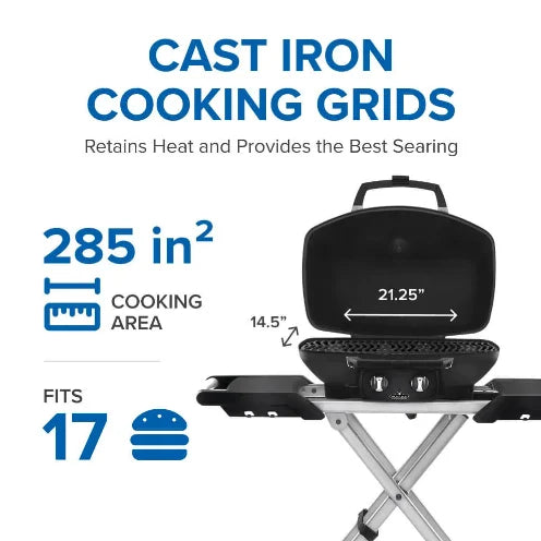 Napoleon TravelQ PRO 285X Portable Propane Gas Grill with Scissor Cart features all-black finish with chrome accents, 285 sq in cooking space, and dual stainless steel burners for precise temperature control.