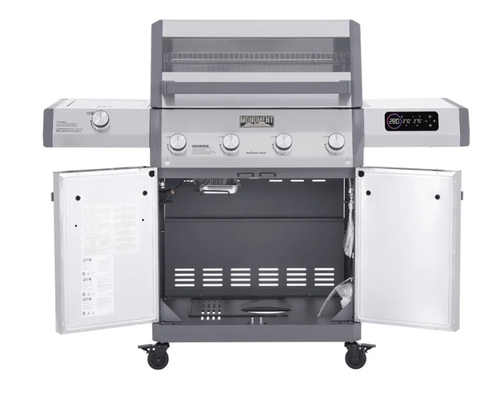 Monument Grills Eminence Series E405 Gas Grill features a premium metallic finish, smart LED control system, and four 12,000 BTU main burners for reliable heat distribution and precise temperature control.