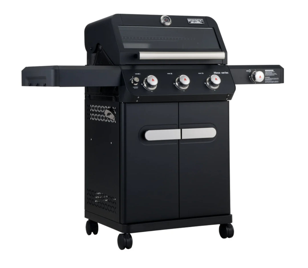 Monument Grills Mesa Series M325 Gas Grill - Compact 3-burner propane grill with durable black powder-coated steel exterior, porcelain-coated cast iron grates, and precision temperature control for perfect grilling results.