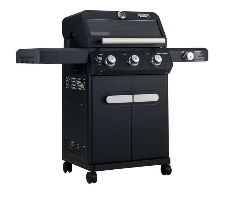 Monument Grills Mesa Series M325 Gas Grill - Compact 3-burner propane grill with durable black powder-coated steel exterior, porcelain-coated cast iron grates, and precision temperature control for perfect grilling results.