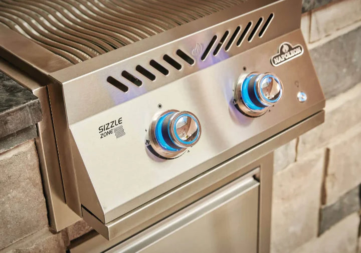 Napoleon Built-in 700 Series Infrared Dual Burner featuring dual 30,000 BTU infrared burners, achieving up to 1,800°F for professional searing, paired with premium stainless steel construction and illuminated SafetyGlow control knobs.